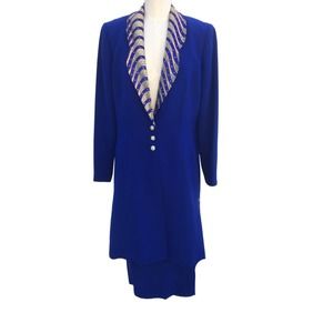 Royal Blue Eva Polini Suit Jacket And Skirt Set With Print Collar
